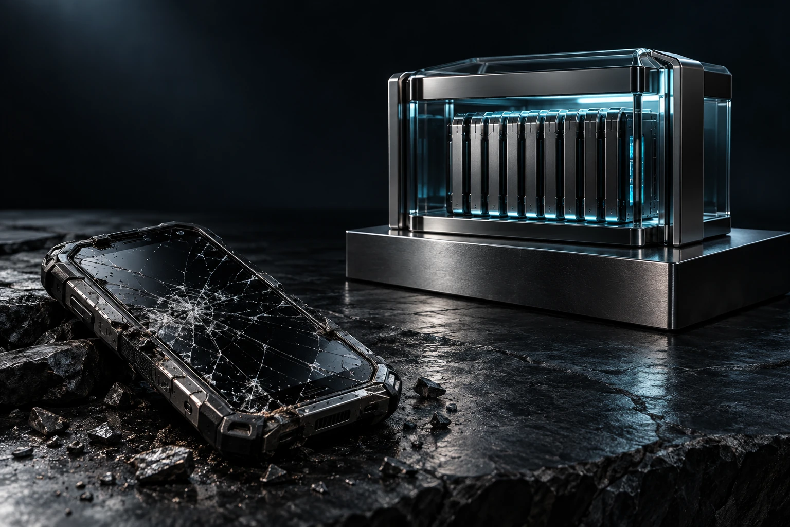 A damaged field handset sits apart from an intact organisational evidence archive.