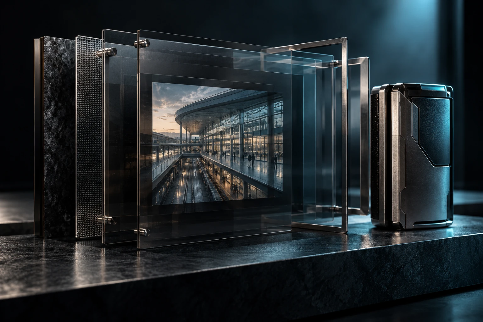 Sculptural glass archive layers preserve a source image and its evidence record.