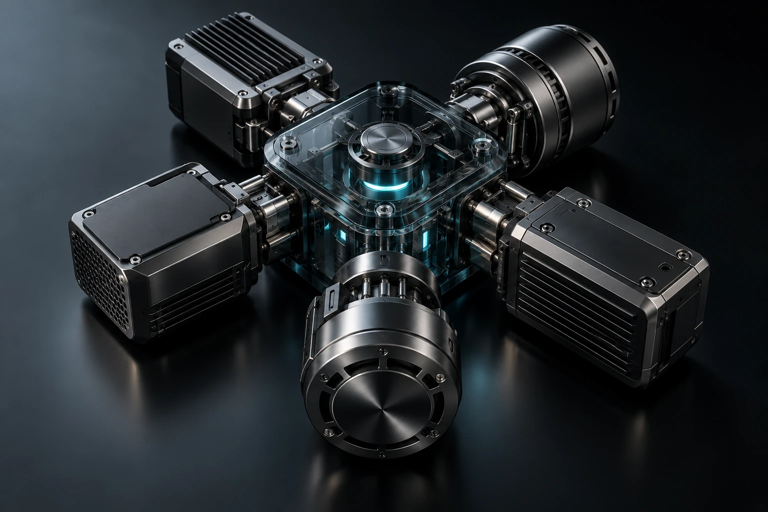 Five distinct source modules connect to a single mission hub.